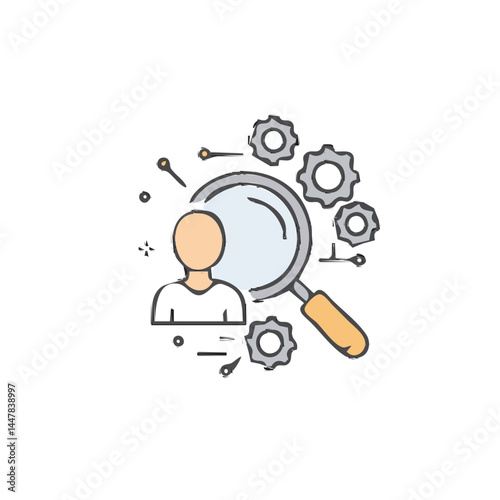 A person icon is examined using a magnifying glass and surrounded by interconnected gears, symbolizing data analysis, process optimization, and profile investigation.