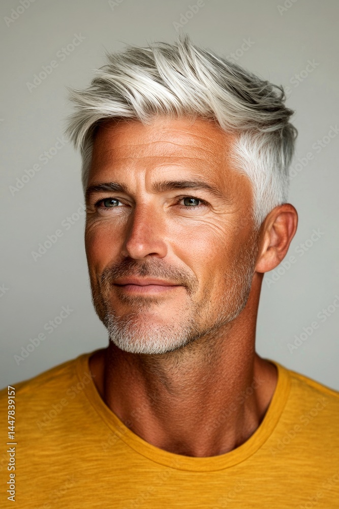 Pure white solid background. A classic beauty man with timeless elegance. Modish men's undercut haircut - midlife white man with white hair. Conceptual art of style for aging men.
