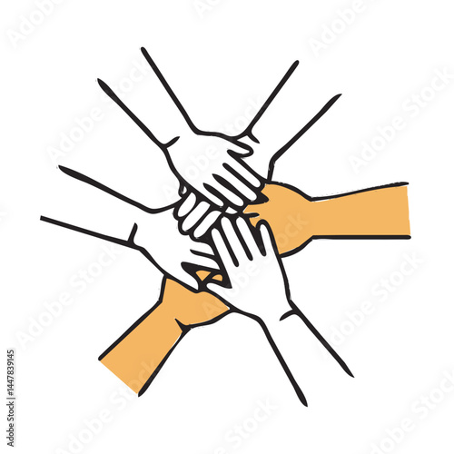 A graphic illustration of six hands layered on top of each other, symbolizing teamwork, unity, collaboration, and mutual support within a group or community.