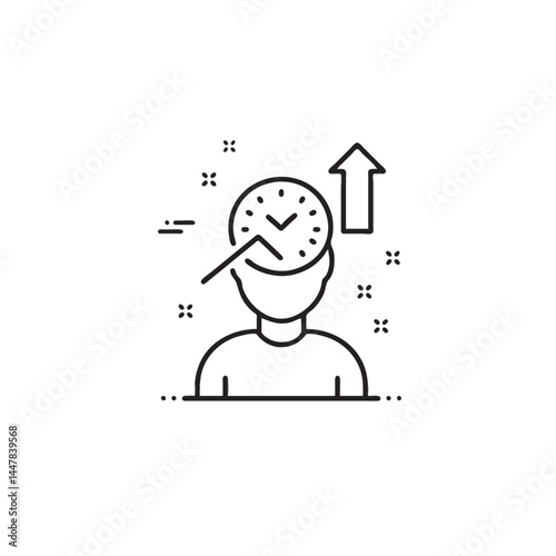 Line art depicts a person with a clock inside their head, an upward arrow indicating growth and progress over time