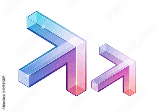 Two transparent right angle shapes with gradient colors on a white background isometric view