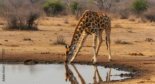 Giraffe Drinking at Waterhole in African Savanna