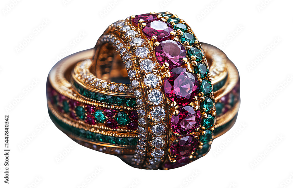 Fototapeta premium Luxurious ring and bangle set, with diamonds, emeralds, and rubies,.png