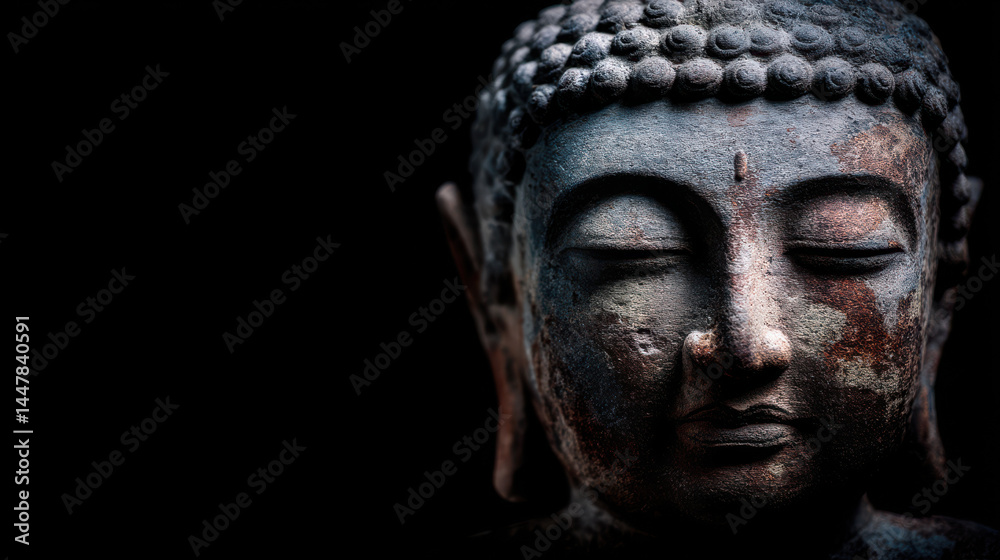 custom made wallpaper toronto digitalClose up of a serene and aged stone Buddha statue with closed eyes, captu the essence of peace and enlightenment against a dark background, profoundly spiritual.