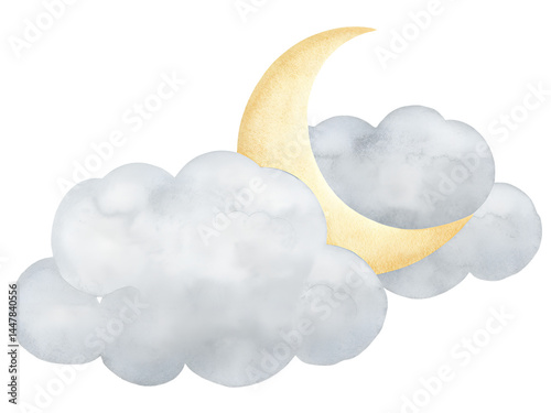 Photography Watercolor crescent moon behind clouds on a transparent background