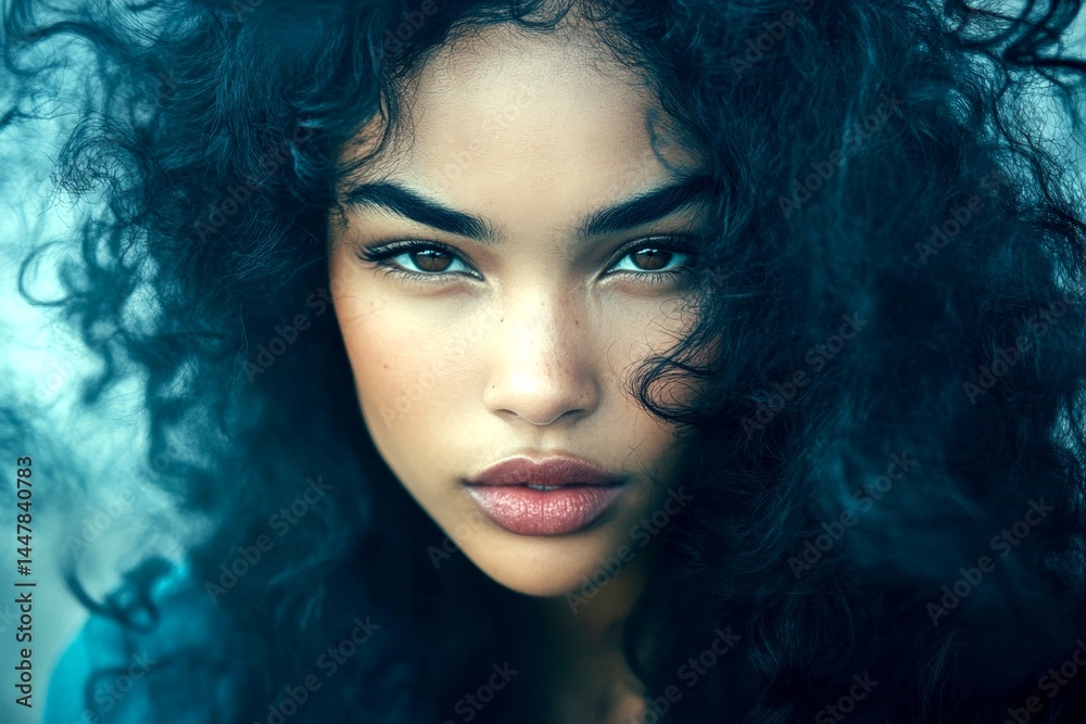 Lovely calm black girl - for ads, road poster and internet use. Long hairdo - curly hair. Commercial ad campaign idea art. Glamorous african portraits. Stunning long hair beauty. Black beauty.