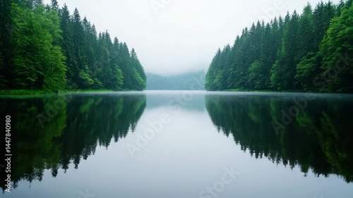 Serene lake reflecting lush green forest trees on a misty morning peaceful nature scene