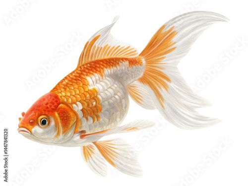 1 orange and white goldfish isolated on a white background.