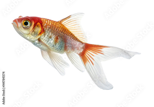 1 orange and white goldfish isolated on a white background.