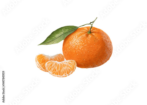 Fresh, ripe tangerine citrus fruit with green leaves isolated on a white background.