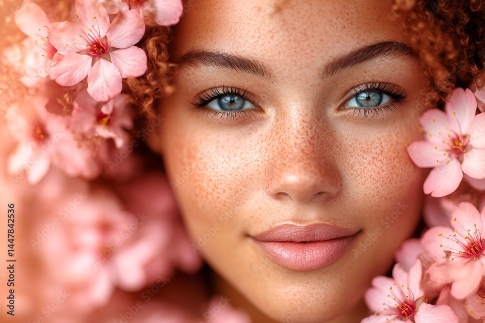 Commercial promotion conceptual art. Spring mood, golden hour in sunset. Gorgeous mixed-race young woman surrounded by cherry blossoms. Woman with cherry blossoms in bright commercial style.
