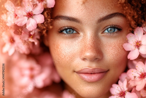 Obraz na płótnie Commercial promotion conceptual art. Spring mood, golden hour in sunset. Gorgeous mixed-race young woman surrounded by cherry blossoms. Woman with cherry blossoms in bright commercial style. w salonie