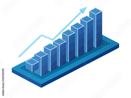 Isometric bar graph showing growth with an arrow indicating upward trend in shades of blue color scheme