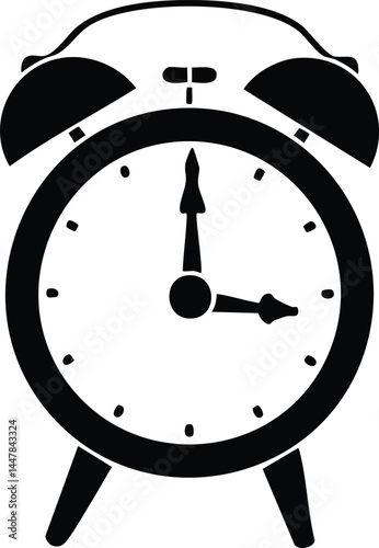 A classic alarm clock in a stark, elegant black and white, marking the passage of time with a simple, timeless design. A perfect visual to use for design and branding concept.