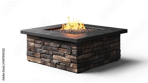 Square outdoor fire pit with stone base and burning flames.