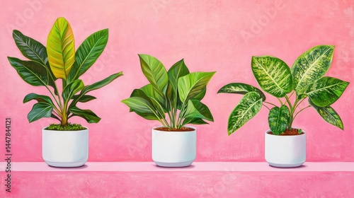 Trio of leafy greens in white pots, balanced composition on a pink canvas