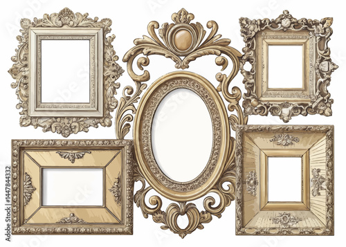 A collection of ornate picture frames in various shapes and sizes arranged together on a white background
