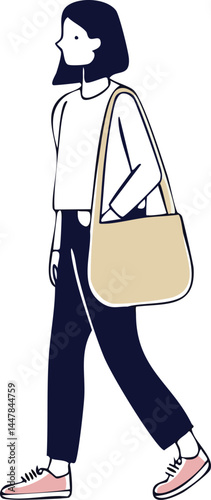A young woman strolls confidently, her casual style reflecting modern simplicity. 
