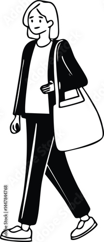 Stylish Woman Walking with Tote Bag, Monochrome Illustration
