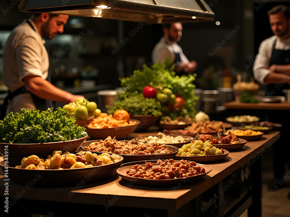 Obraz premium Culinary preparation chefs restaurant kitchen food display modern atmosphere close-up creativity