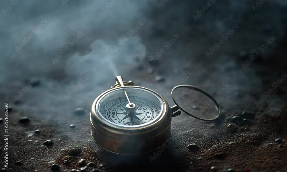 Vintage brass compass resting on a textured surface with smoke swirling in the background