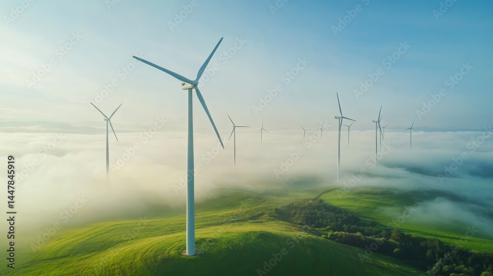 Obraz premium A field of wind turbines with a foggy sky in the background. The turbines are tall and spread out across the field