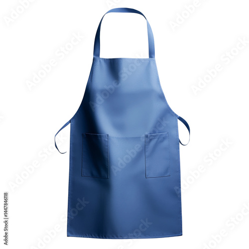 A close-up view of a navy blue apron featuring two front pockets and a strap around the neck, with a minimalist and functional design. The apron's simple design enhances its practicality.