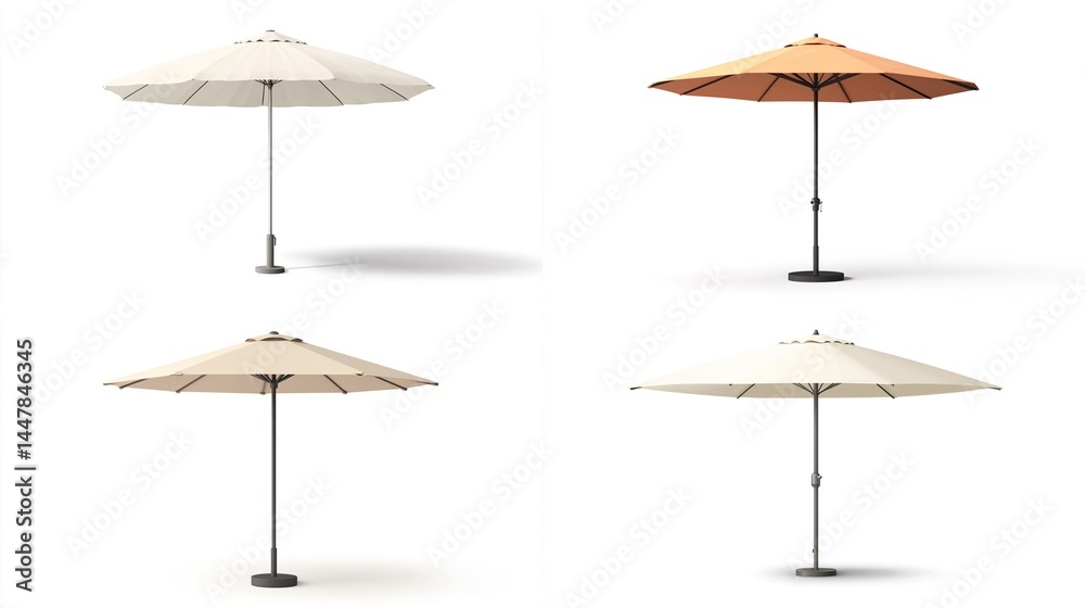 Obraz premium Four patio umbrellas, two beige, two orange, isolated on white.
