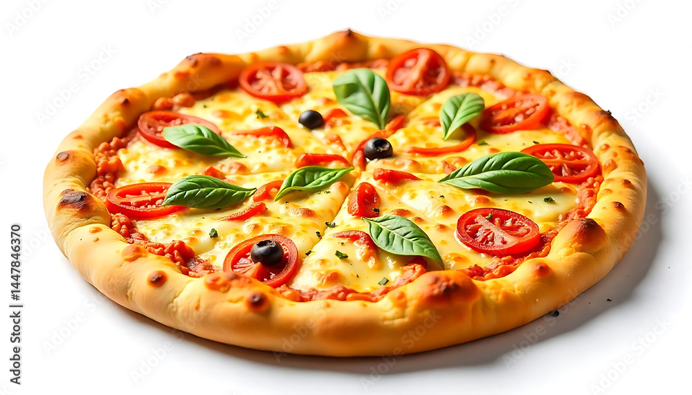 A large, delicious pizza placed on a completely clean, pure white background. The pizza is beautifully baked with vibrant toppings, golden crust, and melted cheese, making it look extremely appetizing A large, delicious pizza placed on a completely clean, pure white background. The pizza is beautifully baked with vibrant toppings, golden crust, and melted cheese, making it look extremely appetizing