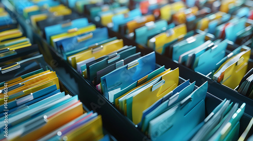 Close-up perspective view of numerous colorful file folders neatly arranged in rows within a drawer or archive system. Office organization concept.
