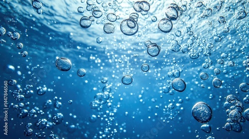 A refreshing water bubbles background with rising transparent bubbles in a deep ocean blue theme.
