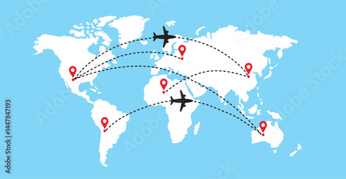 Illustration of aircraft flight paths with a red dot and dotted lines. Pin on the continents of the world on a world map background, professionally done.