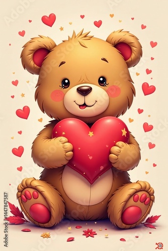 Cute bear holding a heart surrounded by colorful hearts in a playful setting.