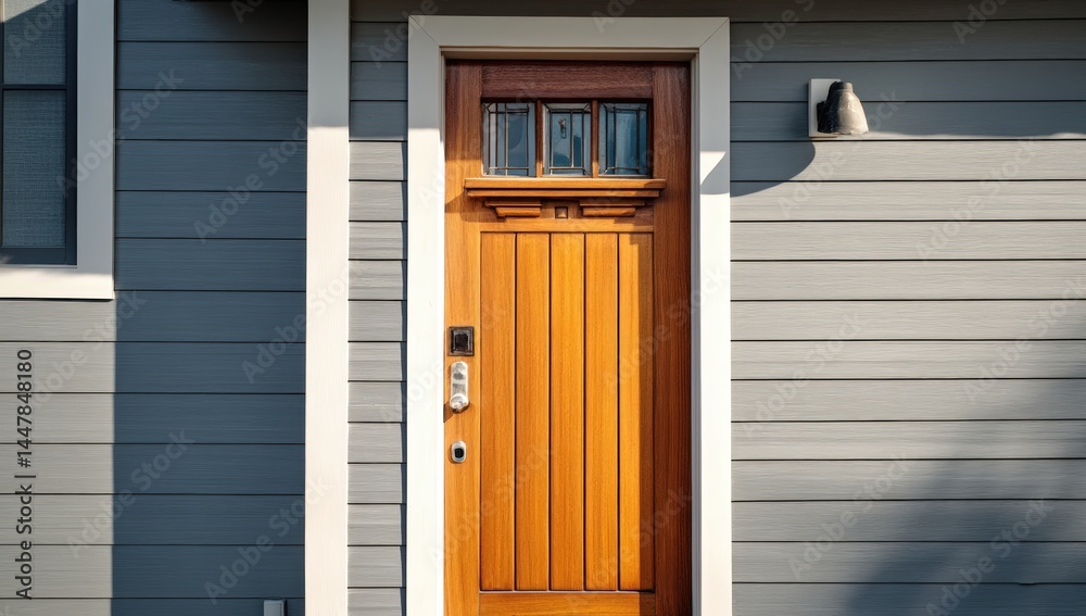 Fototapeta premium A modern wooden front door with sleek design.