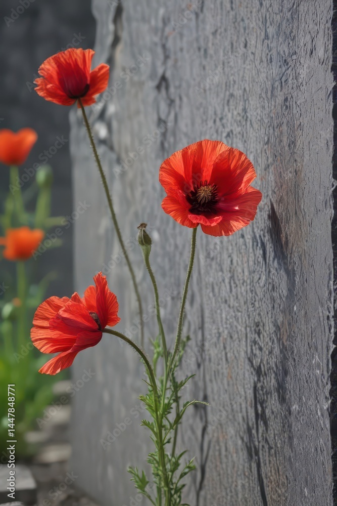 Fototapeta premium A single crimson poppy, wilted, rests atop a weathered grey tombstone , sorrow, background