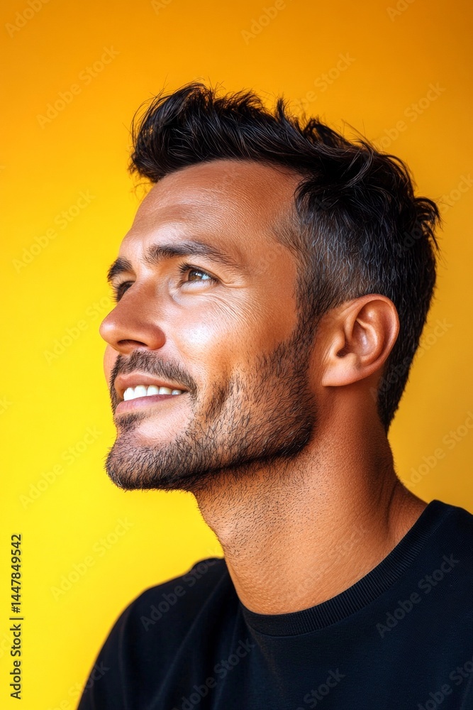 Concept art of style for aging men. Yellow solid background. A modern man in his 40s with a stylish appearance. Classy men's crew cut haircut - midlife white man with black hair.