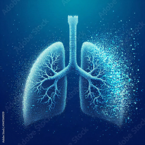 Pixelated human lungs dissolving into particles, representing lung cancer impact, blue gradient background, modern conceptual digital art for health awareness and treatment