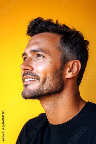 Obraz na płótnie Concept art of style for aging men. Yellow solid background. A modern man in his 40s with a stylish appearance. Classy men's crew cut haircut - midlife white man with black hair. w salonie