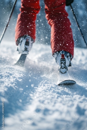 A person cross-country skiing down a snow-covered slope with red skis and boots, in a scenic winter environment