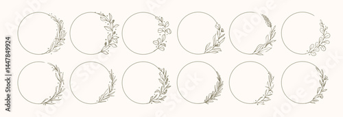 Set of Greenery Floral Wreath, Rounded Botanical Flower Frames and Floral Logo for Wedding and save the date nature wild flowers in vector