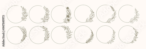 Set of Greenery Floral Wreath, Rounded Botanical Flower Frames and Floral Logo for Wedding and save the date nature wild flowers in vector