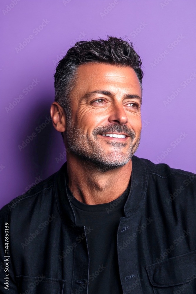 A handsome man with a captivating smile. Purple solid background. Creative of style for aging men. Fashionable men's shoulder-length taper haircut - midlife white man with black hair.