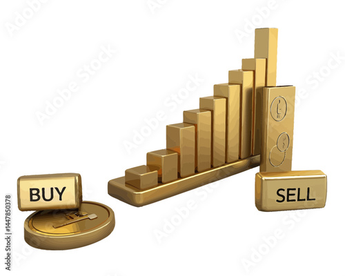 Golden buy and sell buttons with a rising bar graph and coins representing financial transactions