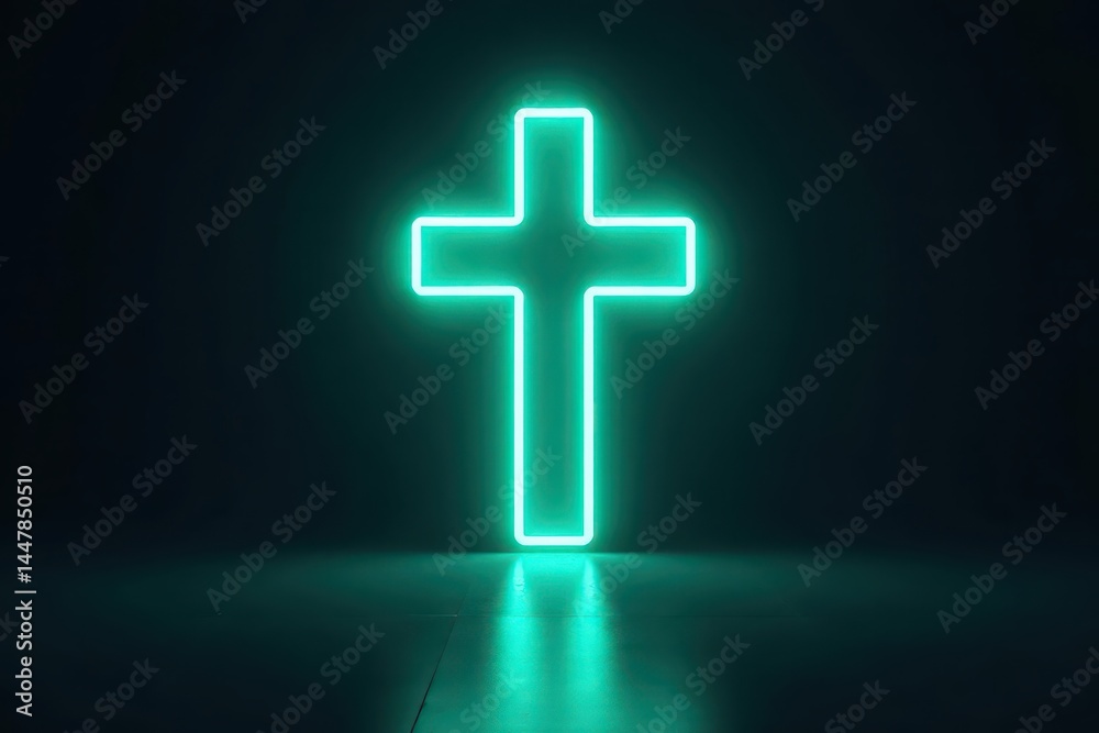Obraz premium Teal neon cross glows vibrantly against a dark backdrop , vibrant, light, teal neon