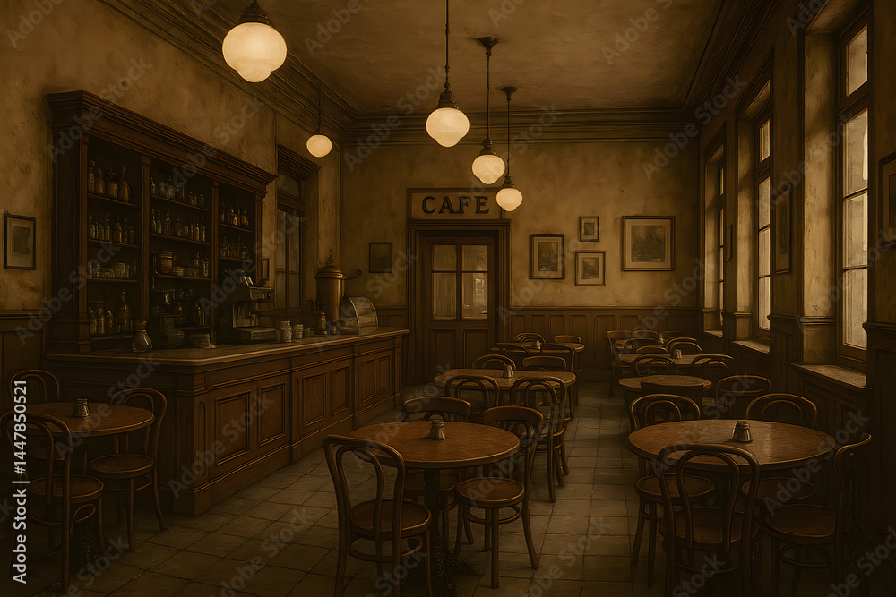 Rustic Coffeehouse Counter and Seating under Warm Glow Rustic Coffeehouse Counter and Seating under Warm Glow