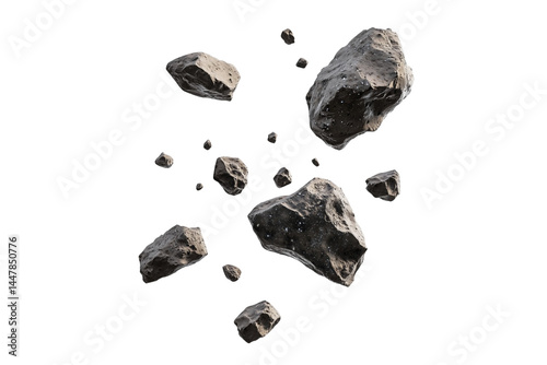 Floating space rocks isolated on transparent background, astronomy and science concept