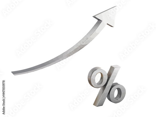 Silver upward arrow indicating growth with a percentage sign on a plain white background view