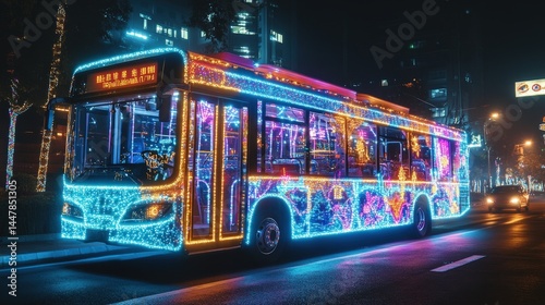 A road tour bus decorated with bright festival lights, adding to the excitement of a city night tour