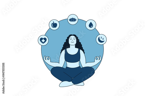 Wellness Infographic Vector svg file, healthy lifestyle balance exercise diet sleep meditation, minimal character, mindfulness peace editorial illustration for logo branding marketing website blog