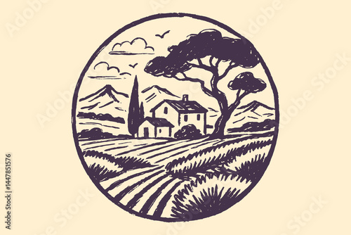 Provence landscape in circle, hand drawn sketch vector style